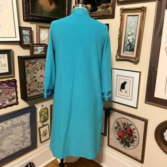 80s Vintage JCPenney Green Fleece Zip Front Midi Robe with Sculpted Neckline M - Picture 3 of 6